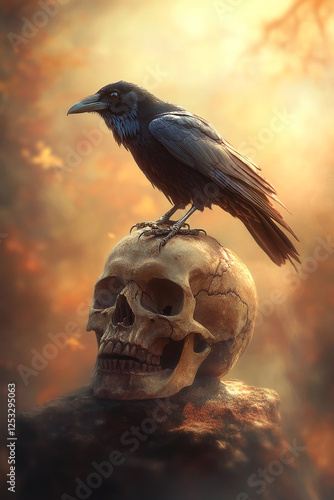 A raven perched on a skull in a dark, misty setting with warm backlighting, symbolizing death, mystery, and gothic themes of mortality and the unknown. photo