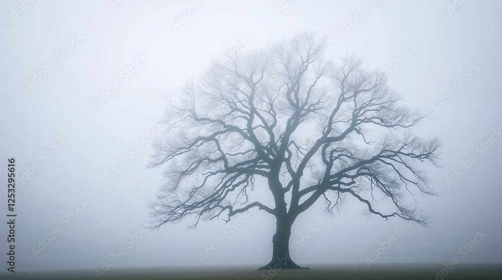Obraz premium Bare tree standing in foggy landscape during winter