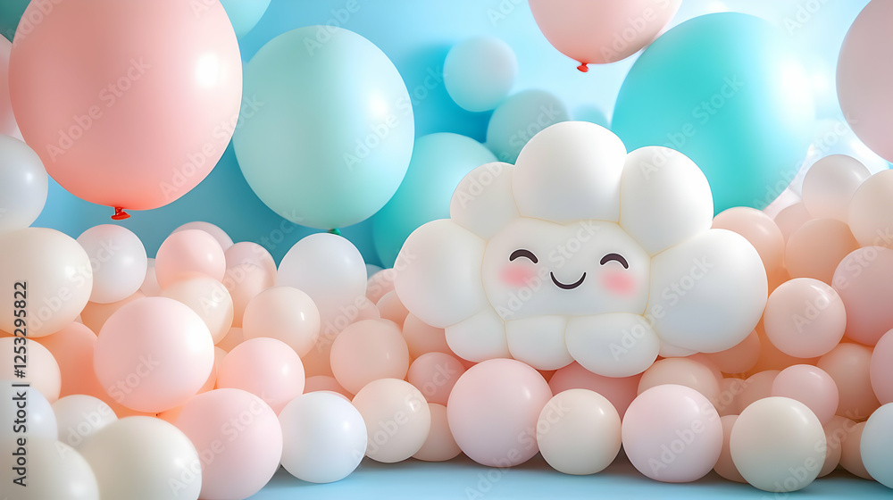 Pastel balloons, smiling cloud backdrop, party scene Pastel balloons, smiling cloud backdrop, party scene