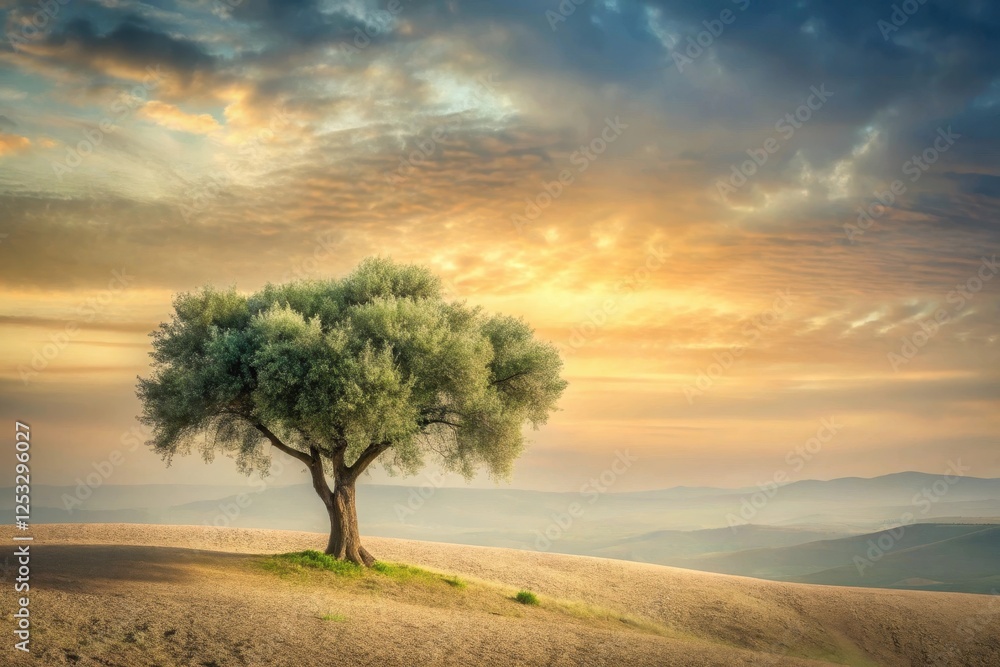 Solitary Tree on Hilltop at Sunrise, Peaceful Landscape Scene with Rolling Hills and Dramatic Sky Solitary Tree on Hilltop at Sunrise, Peaceful Landscape Scene with Rolling Hills and Dramatic Sky