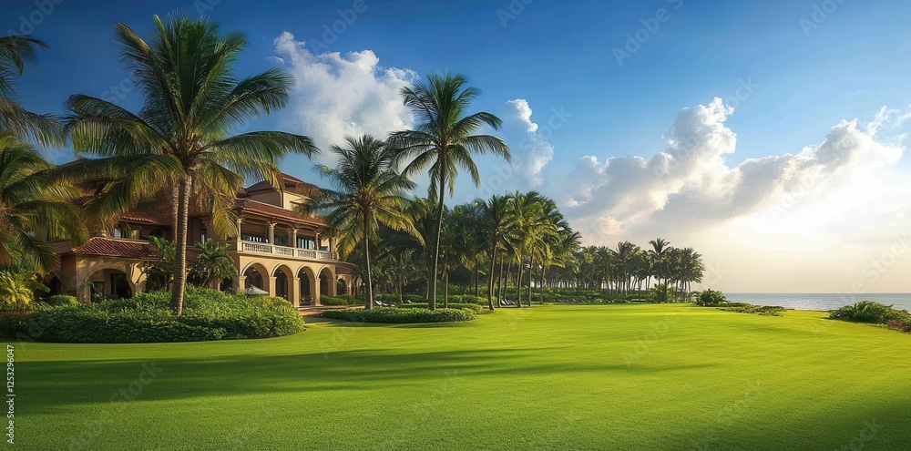 Luxurious beachfront mansion surrounded by palm trees and green lawn under a clear blue sky Luxurious beachfront mansion surrounded by palm trees and green lawn under a clear blue sky