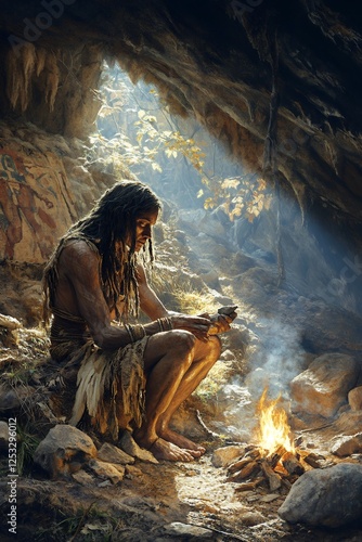 A prehistoric man sits by a fire in a cave, skillfully crafting a tool, showcasing early human ingenuity and survival