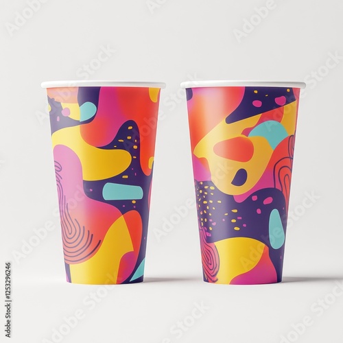 Colorful abstract cups, studio shot, white background, drinkware design