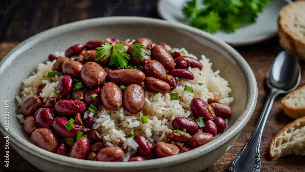 Red beans and rice with sausage in a bowl. Red beans and rice with sausage in a bowl.