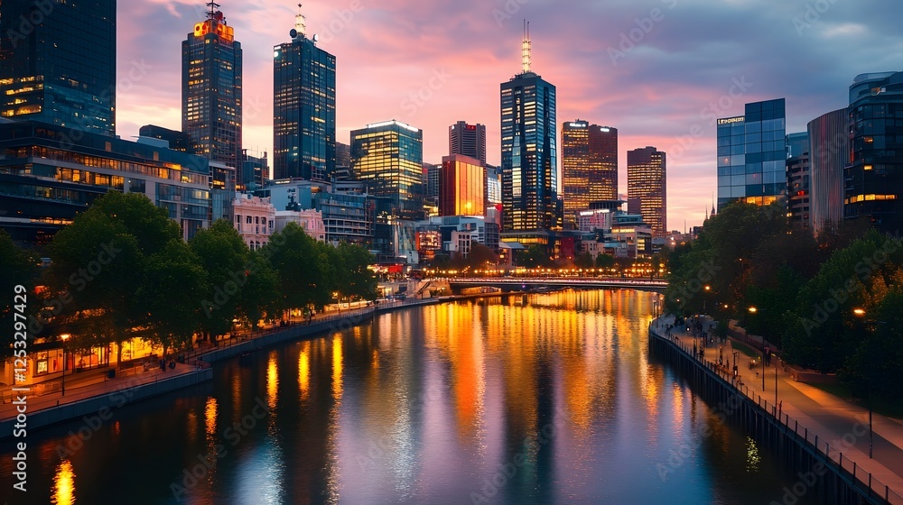 Obraz premium Bustling City Skyline Glowing with Lights and Reflective Waterfront at Dusk