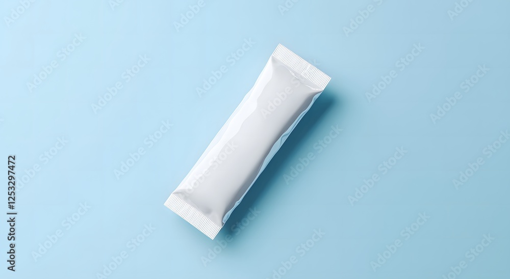 A mockup of a blank white foil-wrapped candy bar on a blue background. That's where snack packaging template design ideas. A mockup of a blank white foil-wrapped candy bar on a blue background. That's where snack packaging template design ideas.