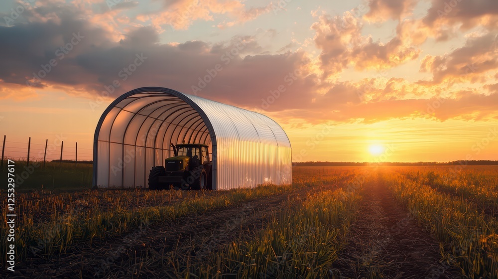 Sunset Tractor Shelter: A powerful tractor rests inside a translucent, arched shelter against a vibrant sunset over a vast field. The scene evokes a sense of peace and the hard work of farming. Sunset Tractor Shelter: A powerful tractor rests inside a translucent, arched shelter against a vibrant sunset over a vast field. The scene evokes a sense of peace and the hard work of farming.