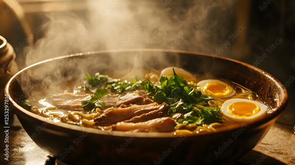 steaming bowl of ramen with sliced pork, egg, and fresh herbs creates comforting and savory meal