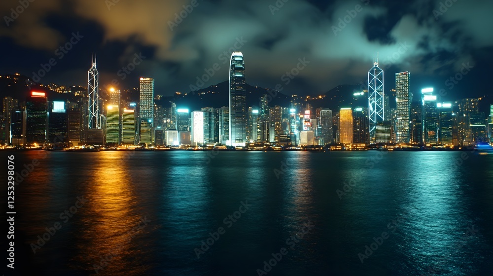 Fototapeta premium Illuminated Skyline of Hong Kong's Victoria Harbor at Nighttime