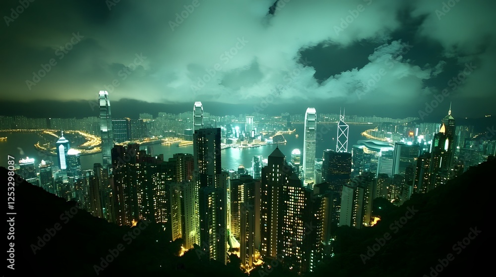 Obraz premium Illuminated Hong Kong Skyline Reflecting on Victoria Harbor at Night