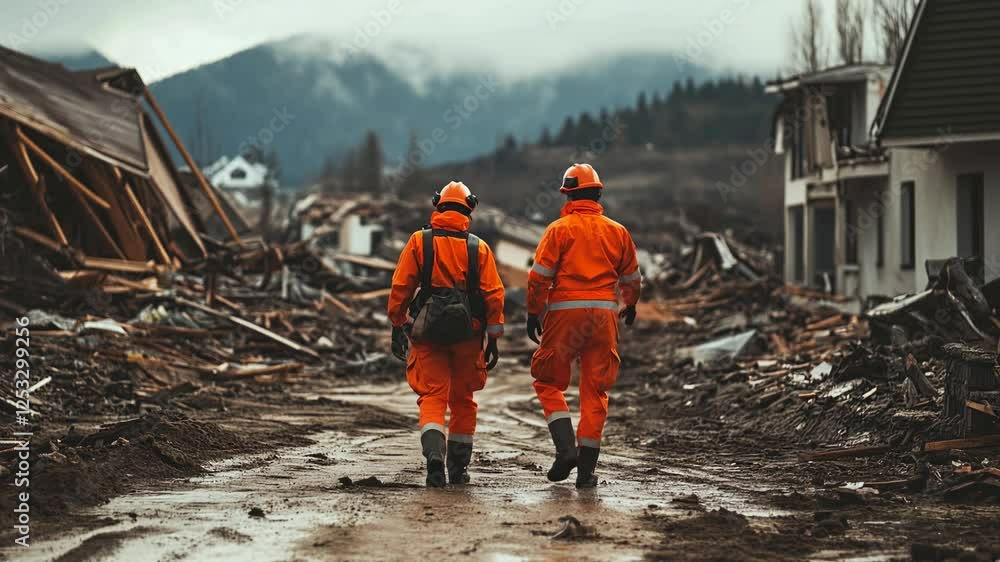 Two rescue workers wearing orange protective gear and helmets are walking through a disaster zone. Assessing the damage after a natural disaster. With debris and destroyed buildings in the background Two rescue workers wearing orange protective gear and helmets are walking through a disaster zone. Assessing the damage after a natural disaster. With debris and destroyed buildings in the background