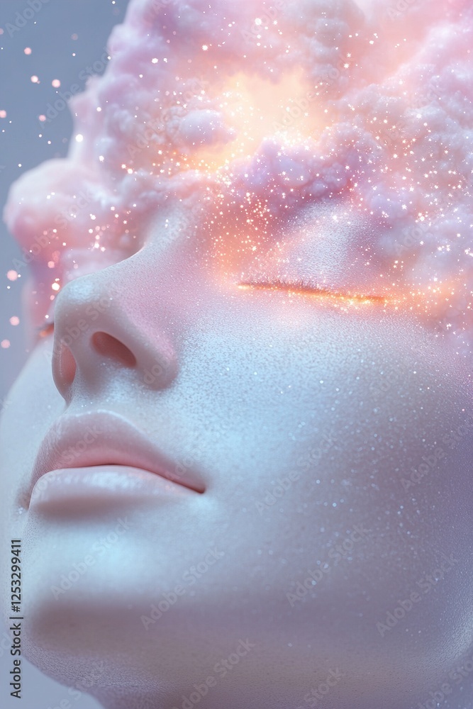 Fototapeta premium A human head with soft-focus details displays a vibrant burst of cosmic energy and light emanating from the forehead, representing a release of tension and enhanced sensory awareness
