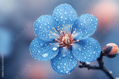 Serene blue blossom covered in dewdrops showcasing delicate beauty and intricate details in a calming natural setting