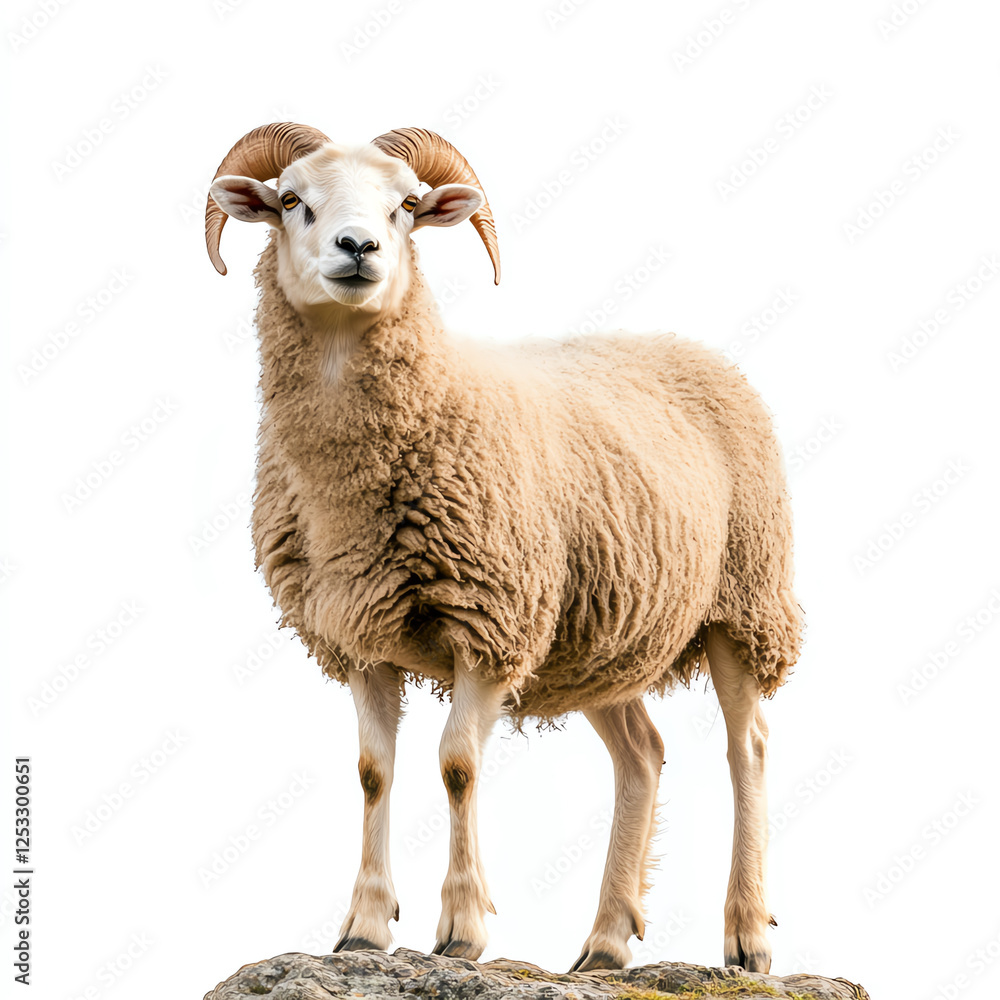 Fototapeta premium A majestic ram stands confidently on a rock, showcasing its beautiful horns and fluffy coat. The image captures the essence of strength and poise in nature.