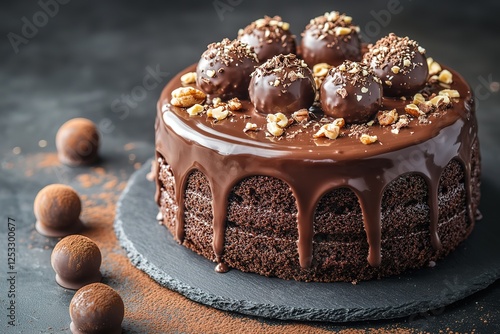 Decadent chocolate cake with glossy ganache topped with chocolate truffles and chopped nuts perfect for special occasions photo