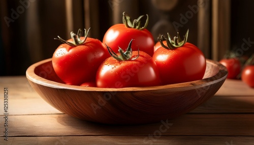 a wooden bowl filled with fresh ripe tomatoes the vibrant red color pops against the warm tones of the bowl