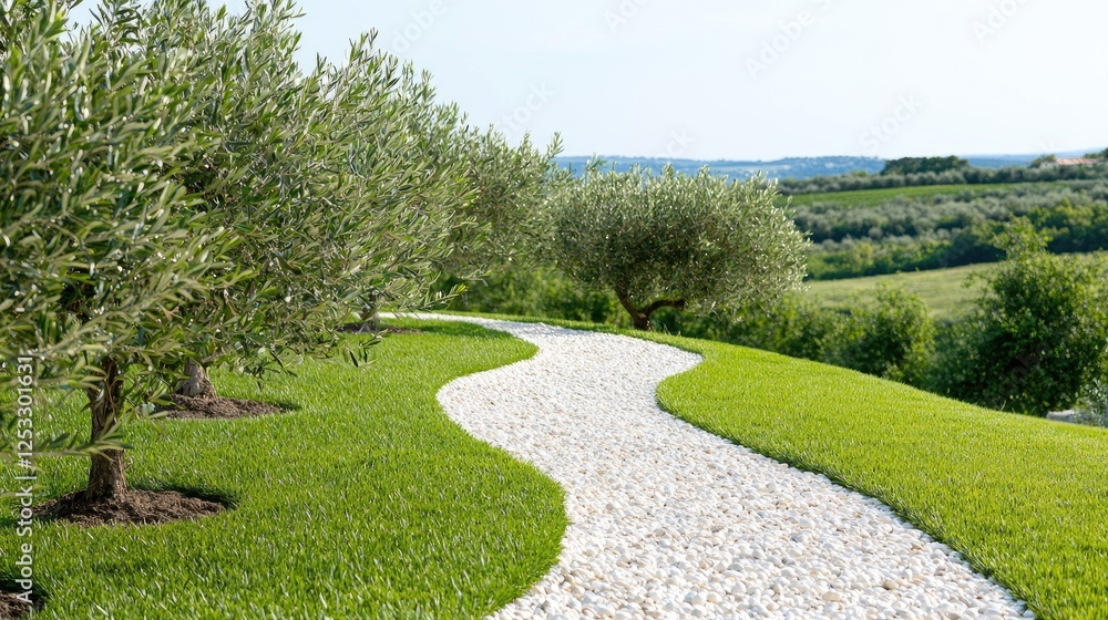 Winding path through olive trees landscape, scenic view Winding path through olive trees landscape, scenic view