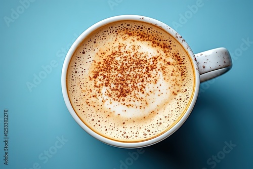 Warm coffee with milk foam and a sprinkle of cocoa photographed from above on a blue background A comforting caffeinated beverage photo