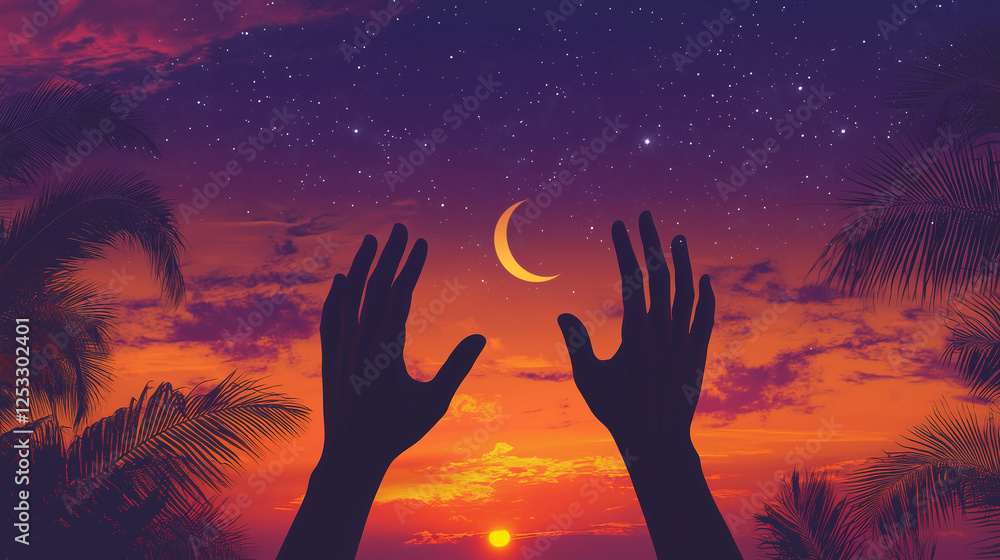 Silhouettes of hands raised against a colorful sunset sky Silhouettes of hands raised against a colorful sunset sky