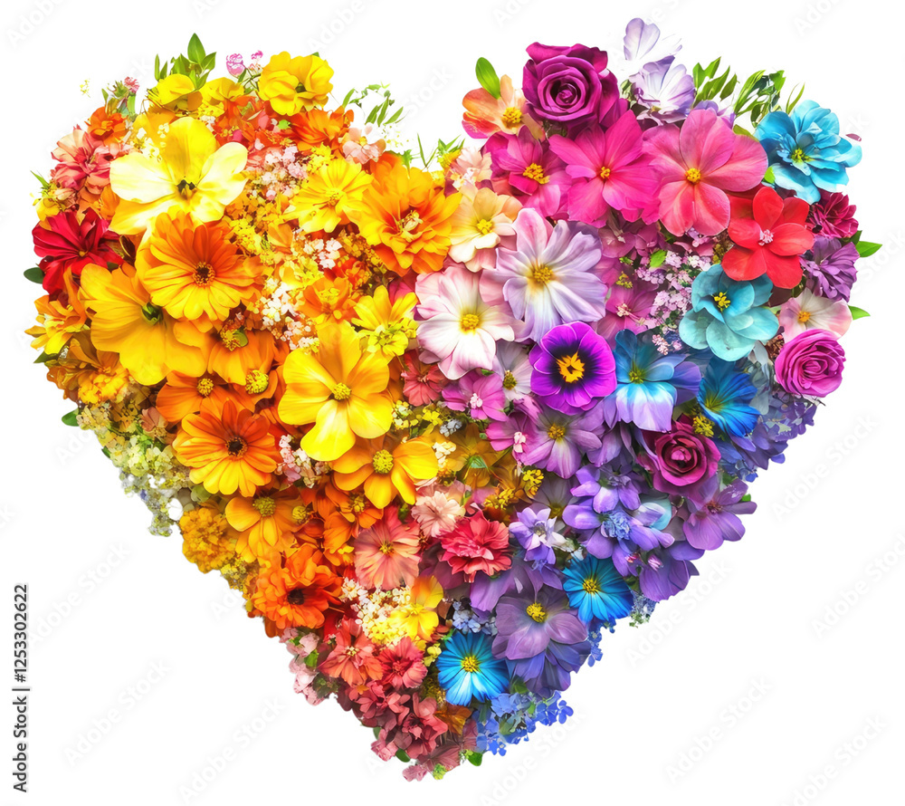 Colorful heart made of vibrant flowers on white or transparent background. Colorful love concept for greeting cards, Valentine's Day banners, posters, or romantic celebrations Colorful heart made of vibrant flowers on white or transparent background. Colorful love concept for greeting cards, Valentine's Day banners, posters, or romantic celebrations