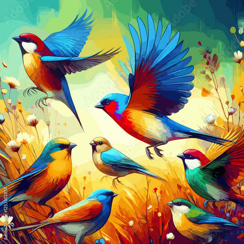 Colorful birds in flight among vibrant flowers, artistic style, nature, lively atmosphere, copy space