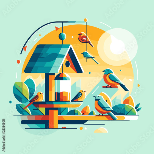 Colorful bird feeder with birds, cheerful design, bright colors, nature theme, copy space
