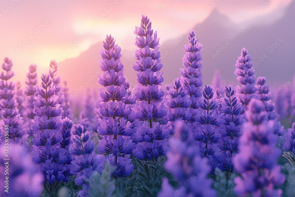 Purple lupine field at sunset Mountains provide a calming ethereal backdrop for the striking flowers in a vivid dreamlike scene Purple lupine field at sunset Mountains provide a calming ethereal backdrop for the striking flowers in a vivid dreamlike scene