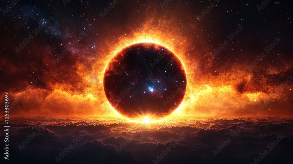 Fiery Solar Eclipse over Cloudscape, Cosmic Background, Fantasy Art Fiery Solar Eclipse over Cloudscape, Cosmic Background, Fantasy Art