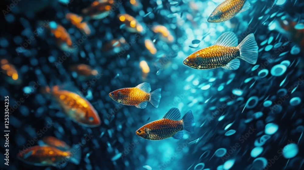 Fototapeta premium School of Vibrant Orange Fish Swimming in a Blue Ocean Scene