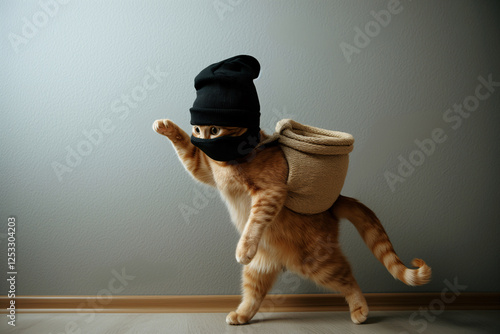 Cat burglar. A playful ginger cat dressed as a burglar with a black balaclava and a sack, ready to steal your heart. Its mischievous grin and playful posture make it a humorous and adorable subject.  photo