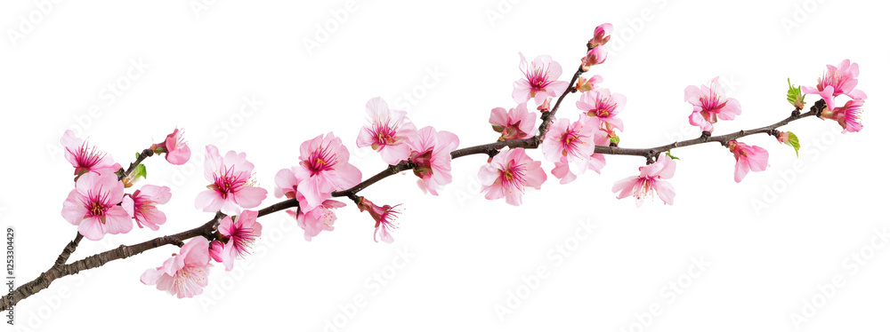 Pink cherry blossom branch on white or transparent background. Spring season, floral beauty, nature, and delicate blossom concept for design, decor, or greeting cards Pink cherry blossom branch on white or transparent background. Spring season, floral beauty, nature, and delicate blossom concept for design, decor, or greeting cards
