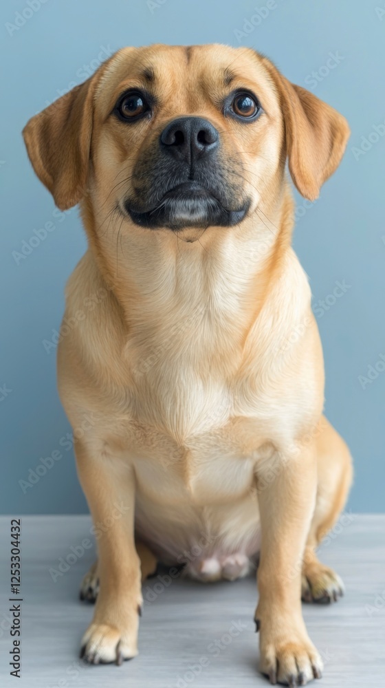 Portrait of a Brown and Beige Mixed Breed Dog Sitting Against a Gray Background Portrait of a Brown and Beige Mixed Breed Dog Sitting Against a Gray Background