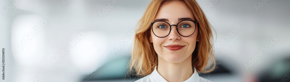 Confident woman with glasses smiling in bright office environment Confident woman with glasses smiling in bright office environment