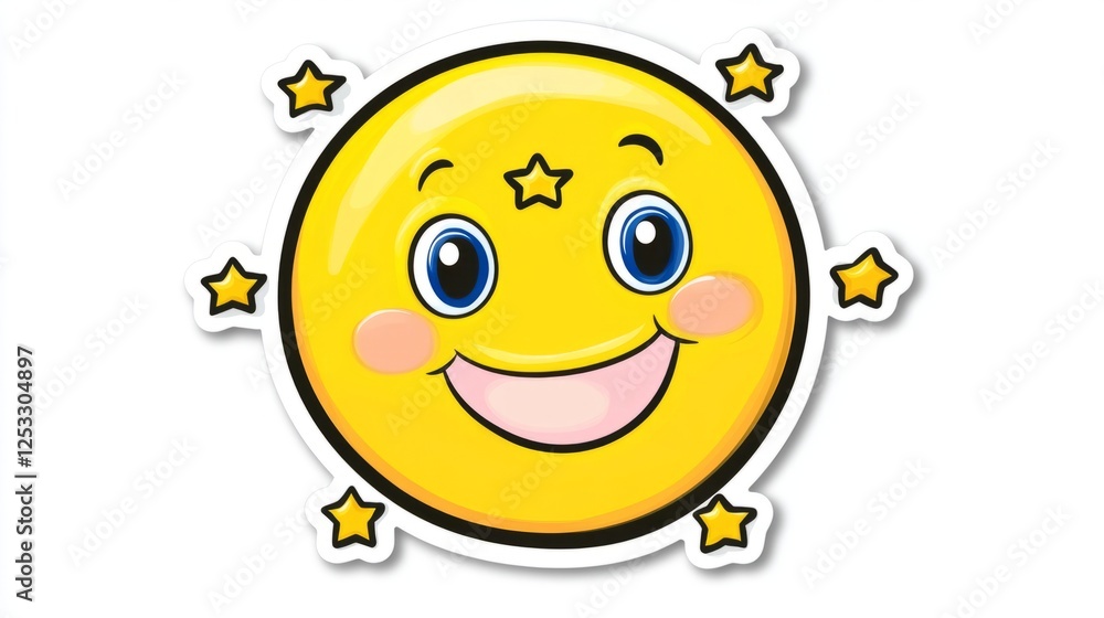 create a yellow Smiley emoticon juggling 5 stars on white background to be used on an acrylic cut-out table display in A6 size create a yellow Smiley emoticon juggling 5 stars on white background to be used on an acrylic cut-out table display in A6 size