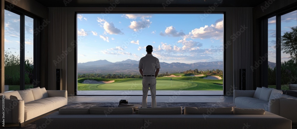 Fototapeta premium Man Watching Scenic Golf Course from Luxurious Modern Living Room