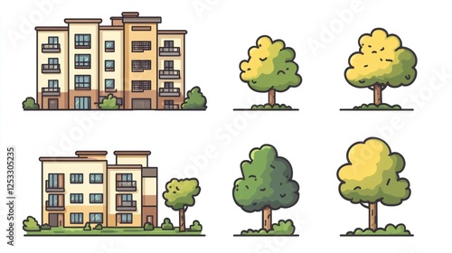 Cartoon apartment buildings and trees, illustration, simple urban landscape, digital art, potential for educational or design purposes photo