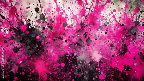 Abstract pink and black paint splatter background.
