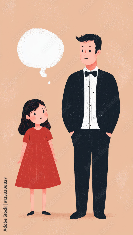 man in tuxedo stands next to girl in red dress, both looking curious man in tuxedo stands next to girl in red dress, both looking curious