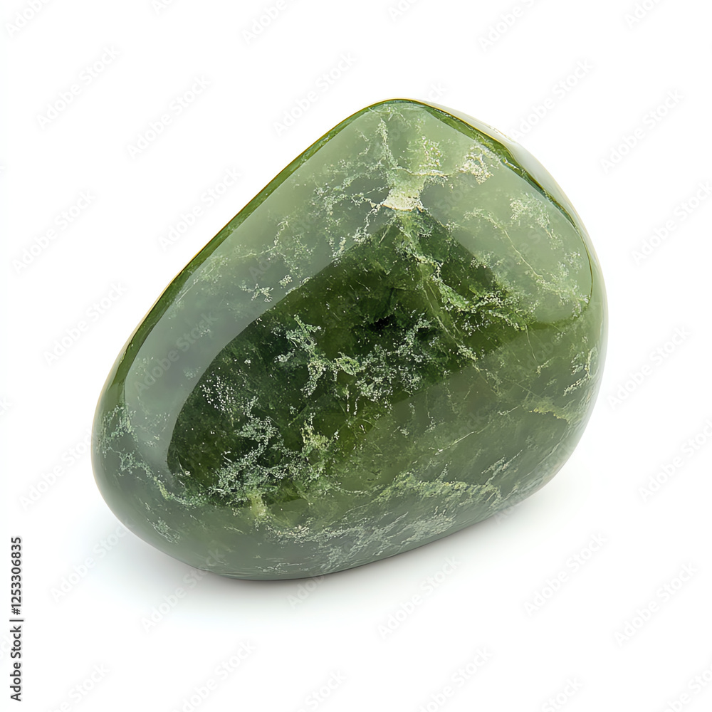 A smooth, vibrant green stone showcasing the beauty of nature. This polished jade gem features intricate patterns and textures, perfect for accentuating any decorative space.