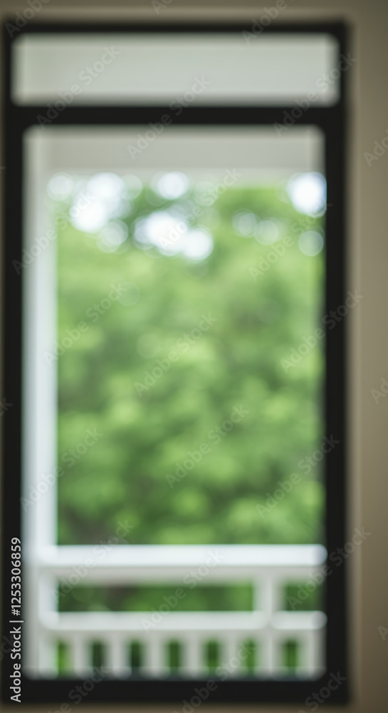 Fototapeta premium Through the Window: Green Haze of Summer, Blurry View. Nature, Serenity, Black Frame, Bright, Abstract