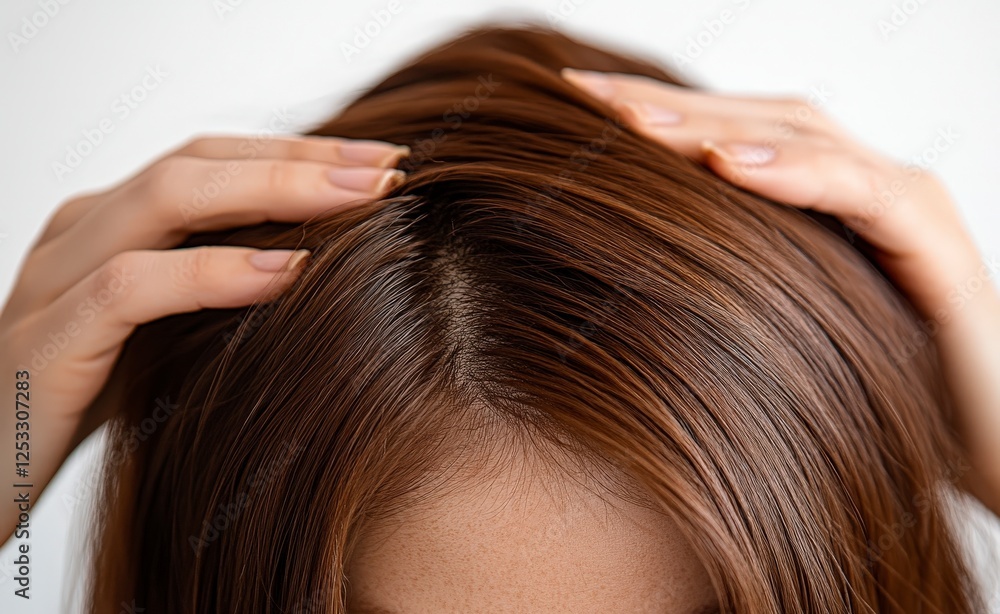 Naklejka premium Woman Gently Touching and Parting Her Long Brown Hair in Natural Light