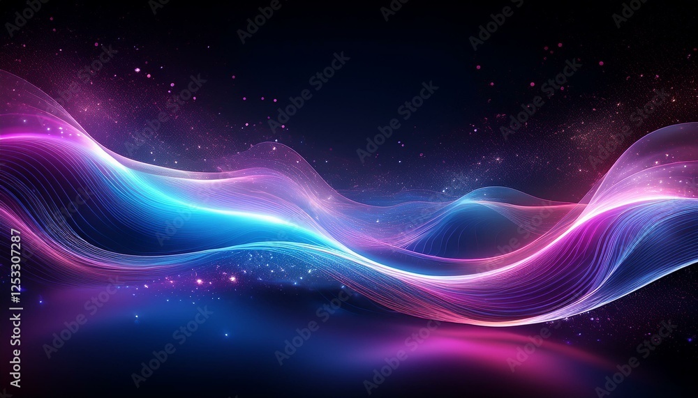 Fototapeta premium vibrant waves of glowing blue purple and pink light on a black background with sparkling stars creating a magical cosmic effect concept fantasy energy
