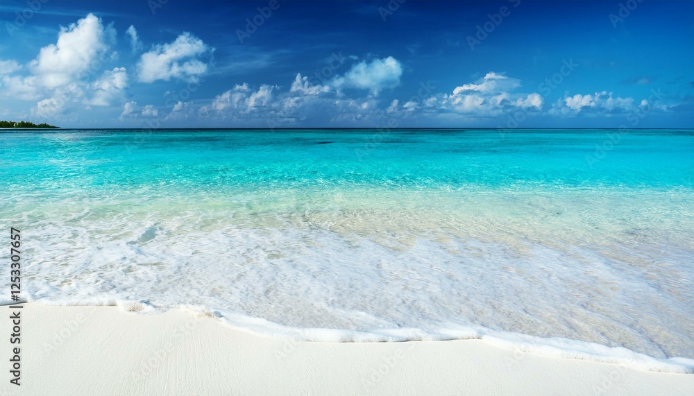 beautiful sandy beach with white sand and rolling calm wave of turquoise ocean on sunny day on background white clouds in blue sky island in maldives colorful perfect panoramic natural landscape beautiful sandy beach with white sand and rolling calm wave of turquoise ocean on sunny day on background white clouds in blue sky island in maldives colorful perfect panoramic natural landscape