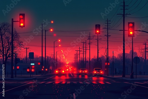 Red traffic lights and car lights illuminate a dark cityscape street at dusk photo