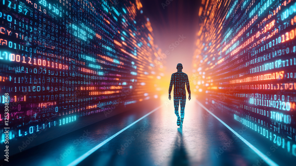 person walking on digital road surrounded by glowing binary code, symbolizing technology and data. vibrant colors create futuristic atmosphere person walking on digital road surrounded by glowing binary code, symbolizing technology and data. vibrant colors create futuristic atmosphere