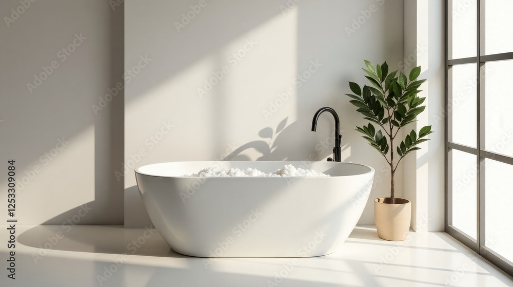 Fototapeta premium Serene Minimalist Bathroom Design Featuring a Freestanding Tub, Filled with Bath Salts, and a Lush Potted Plant Bathed in Sunlight