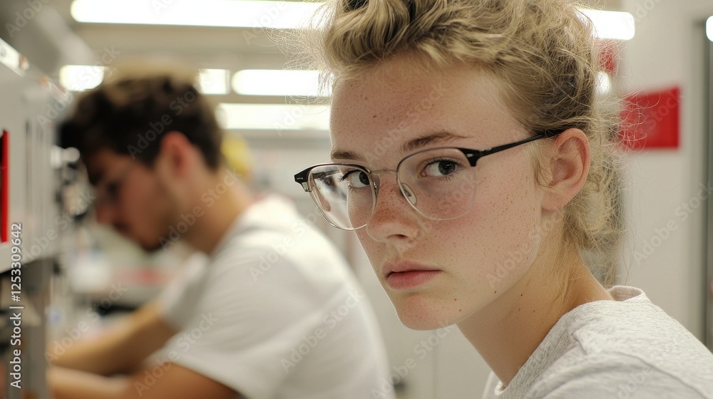 Obraz premium Young Female Student with Glasses in Classroom, Focused Expression