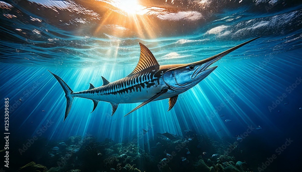 Naklejka premium Sailfish swimming in the deep blue ocean with sunlight shining through the water