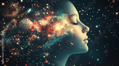 Cosmic Consciousness: A serene female profile merges with a vibrant nebula, symbolizing the boundless expanse of the human mind and the mysteries of the universe. The image evokes a sense of wonder.