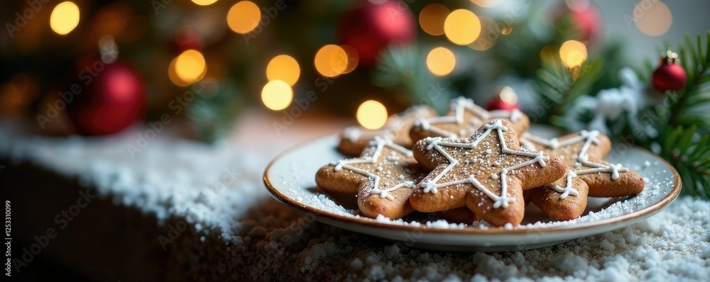 A plate of gingerbread Christmas cookies on a snowy mantel, mantel, winter A plate of gingerbread Christmas cookies on a snowy mantel, mantel, winter